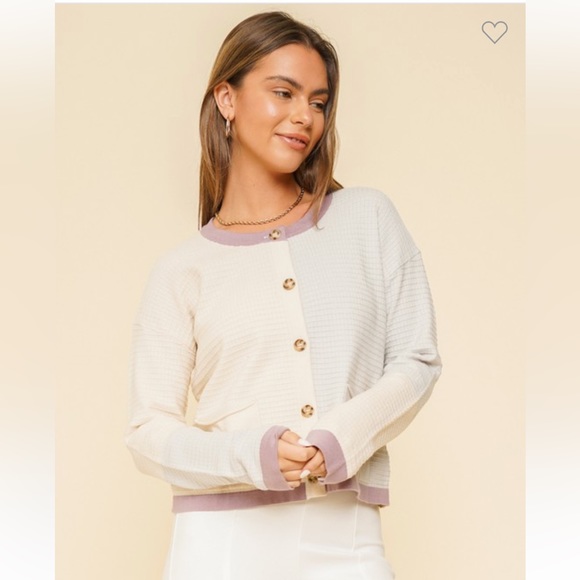 🆕Color Block Button Down Cardigan W/Pockets Matching Cami Top Cream Purple Gray - Picture 3 of 10